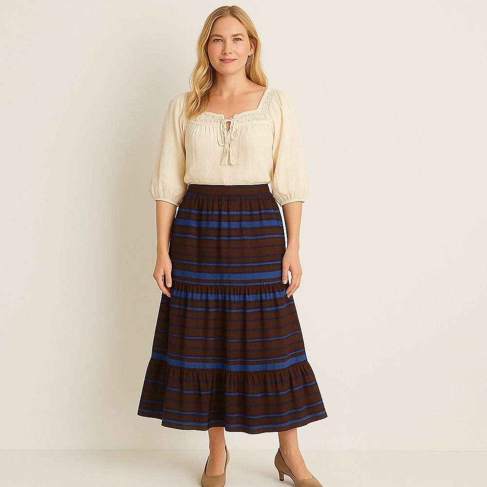 Banana Republic Boho Striped Midi Skirt Brown Blue Tiered Ruffle Flowy
Large